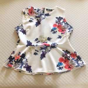 White and navy floral print peplum blouse